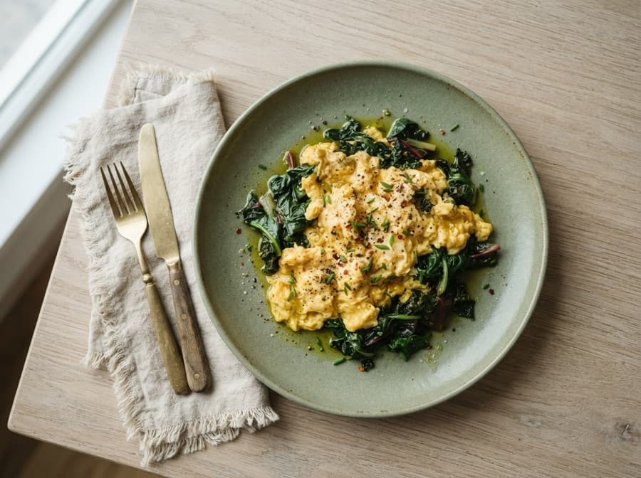 Turmeric Scrambled Eggs with Wilted Greens