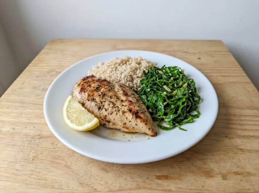 Grilled Chicken with Brown Rice and Sautéed Collards