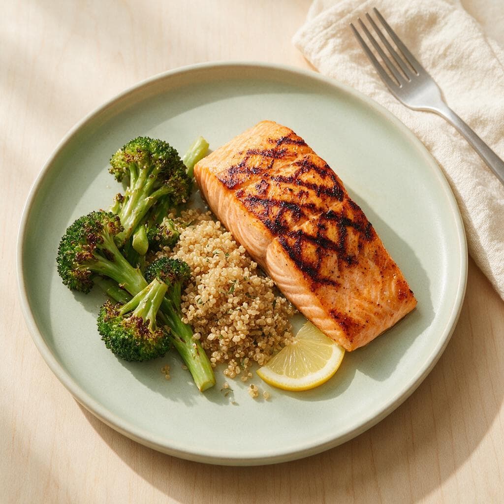 Grilled salmon with broccoli and quinoa